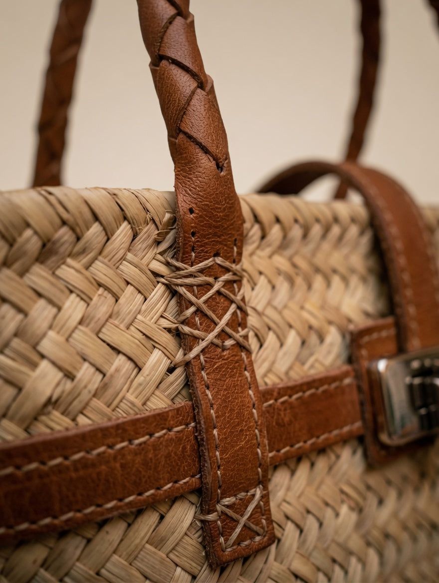 Woven Palm Tote Bag with Leather Handles & Tassel