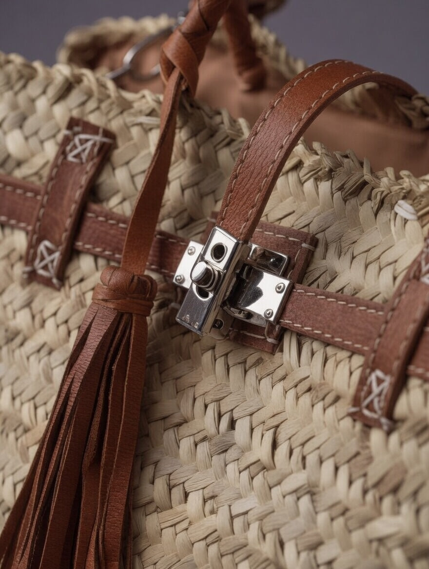 Woven Palm Tote Bag with Leather Handles & Tassel