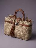 Woven Palm Tote Bag with Leather Handles & Tassel