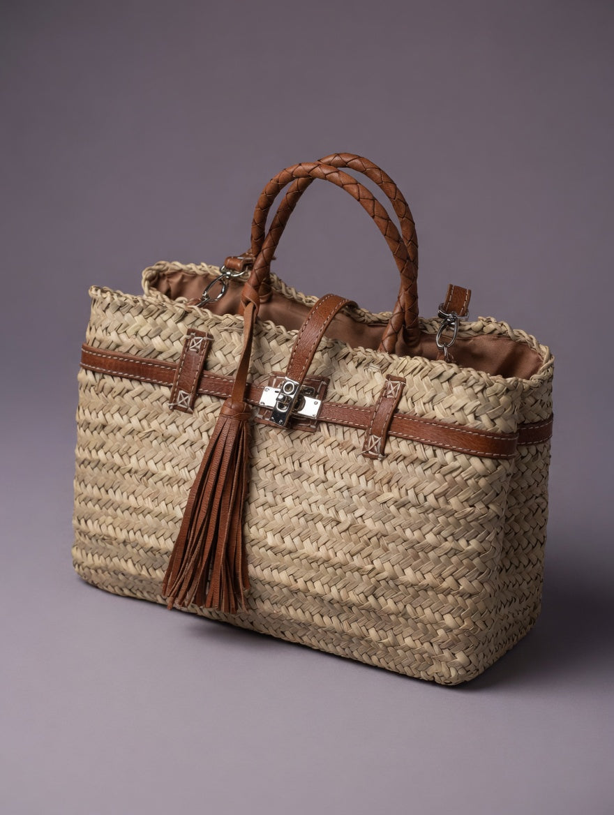 Woven Palm Tote Bag with Leather Handles & Tassel